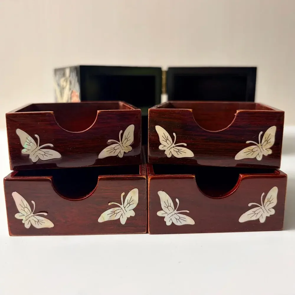 Vintage Asian Mother of Pearl Black Laquer Wood Jewelry Box Hinged AS IS